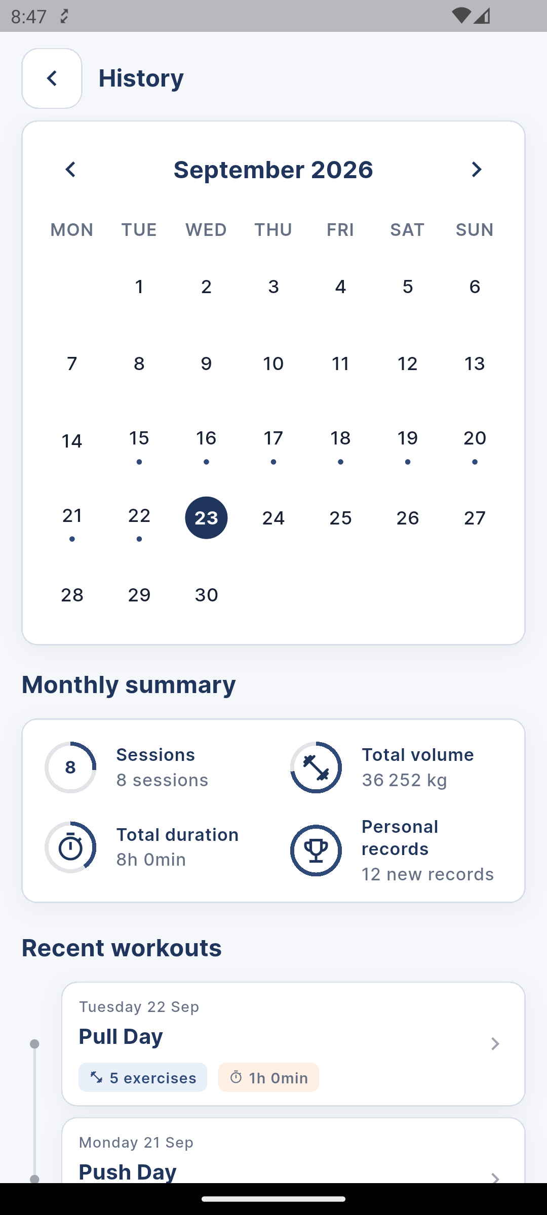 Historique des séances de musculation dans l’application Suivy